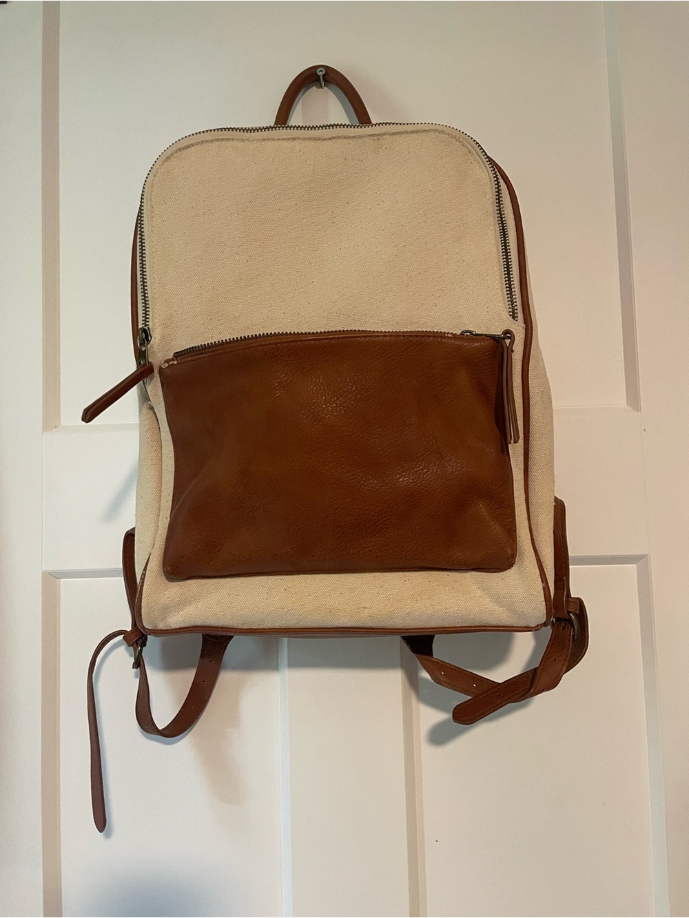 Canvas and Brown Leather Front-Pocket Backpack